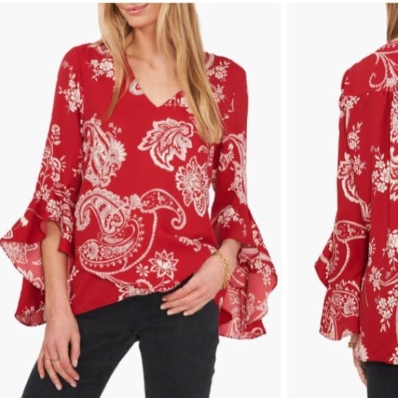 Vince Camuto blouse is covered in a paisley print framed by bell sleeves size S‎ - Picture 1 of 7